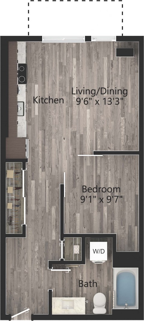 Floor plan for 1 bed, 1 bath, 585 sqft